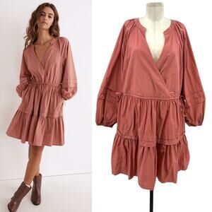 Madewell Crinkle Poplin Wrap Mini Dress Long Sleeve Tiered Pink Size XL